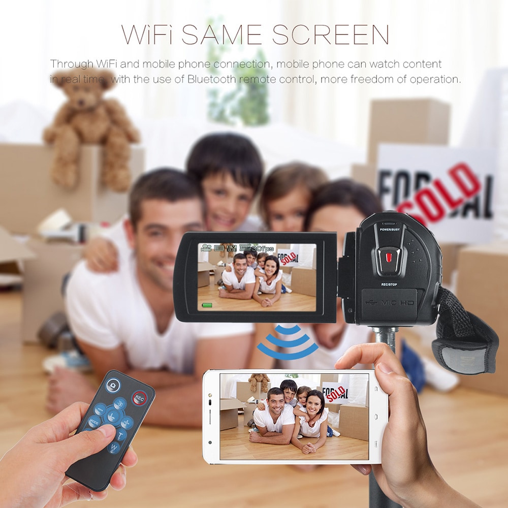 Remote Control Digital Camera Wifi Camcorder Full HD with Microphone 2 Batteries- Black