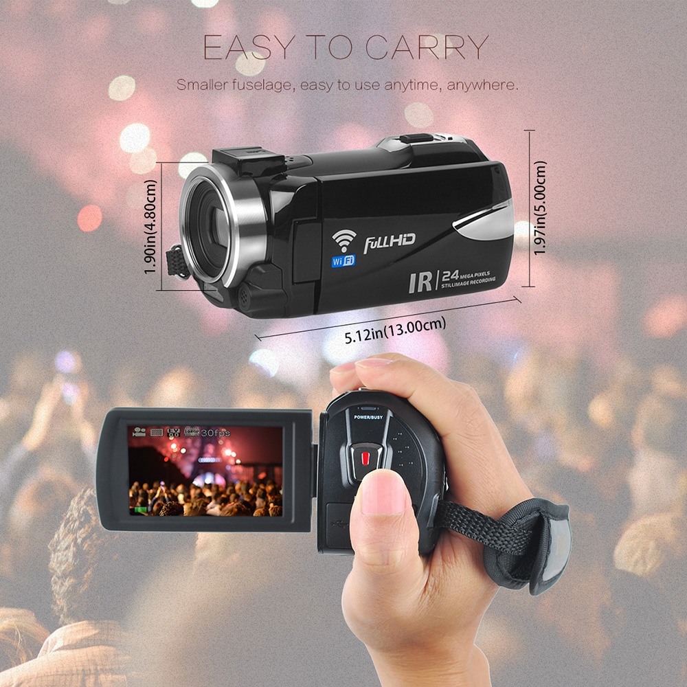 Remote Control Digital Camera Wifi Camcorder Full HD with Microphone 2 Batteries- Black