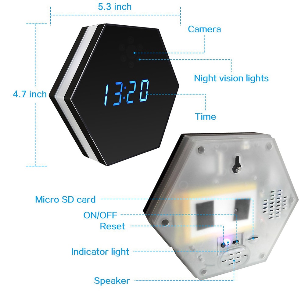  Z17 WiFi Wireless Mini Camera Clock 1080P HD Smart Mirror Clock Night IP Vision Two-way Audio Motion Detection LED Lights- Black EU Plug