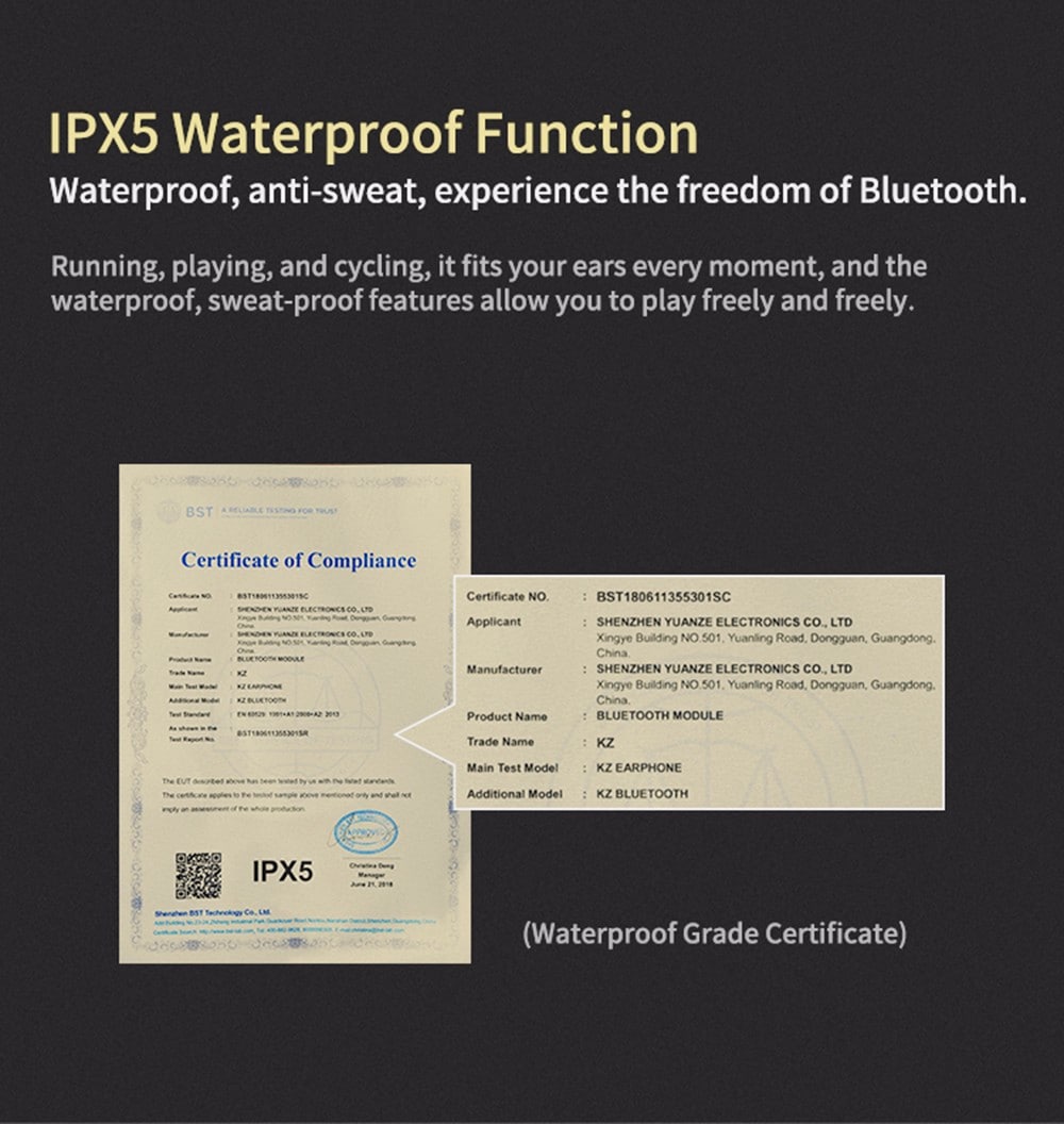 Original KZ IPX5 Waterproof Wireless Bluetooth Module Upgrade Cord Detachable Wire for Earphone- Black B Paragraph Pin