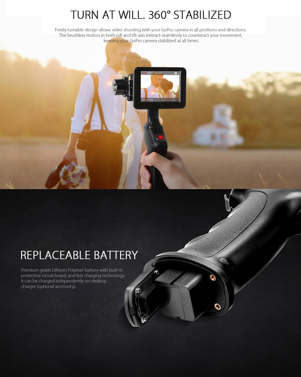 Wenpod GP1+ Smart Dual Axis Handheld Stabilizer for GoPro 3 / 3+ / 4 360 Degree Rotation- Black