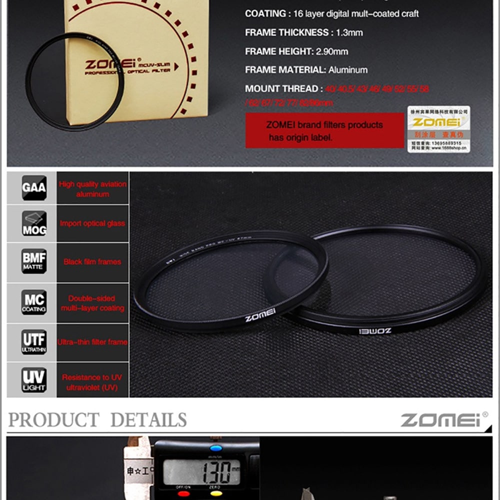 Zomei Ultra Slim MC UV Filter for Canon Nikon Sony Pentax Lumix Lens- Black 40.5mm