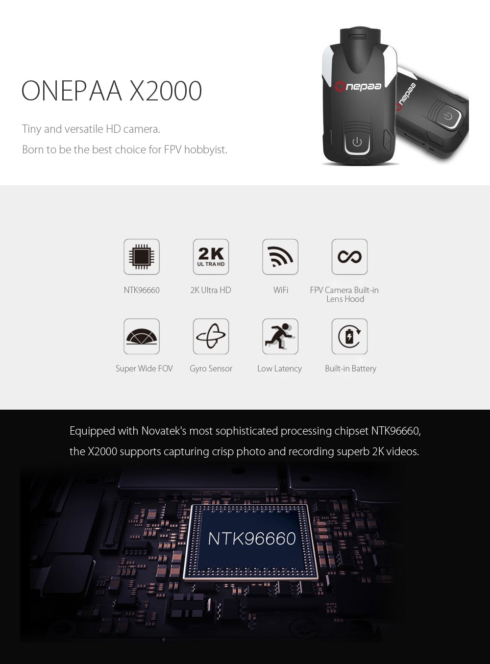 Onepaa X2000 WiFi Mini Aerial Acton Camera FPV 2K 30fps 145 Degree FOV TF Card Slot- Black