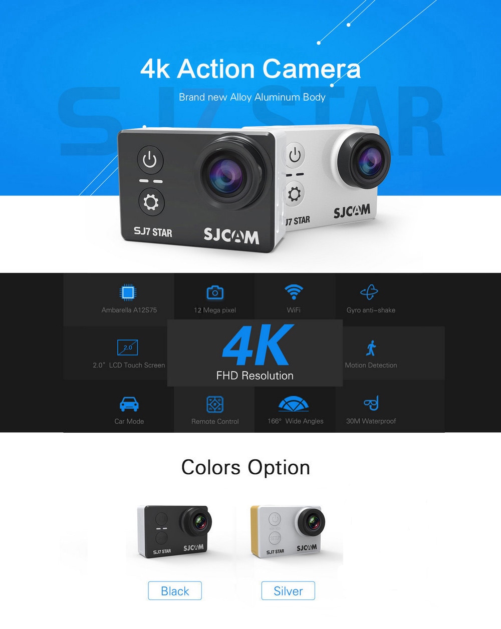 Original SJCAM SJ7 STAR 4K WiFi Action Camera 2.0 inch Touch Screen 166 Degree FOV 12MP- Silver