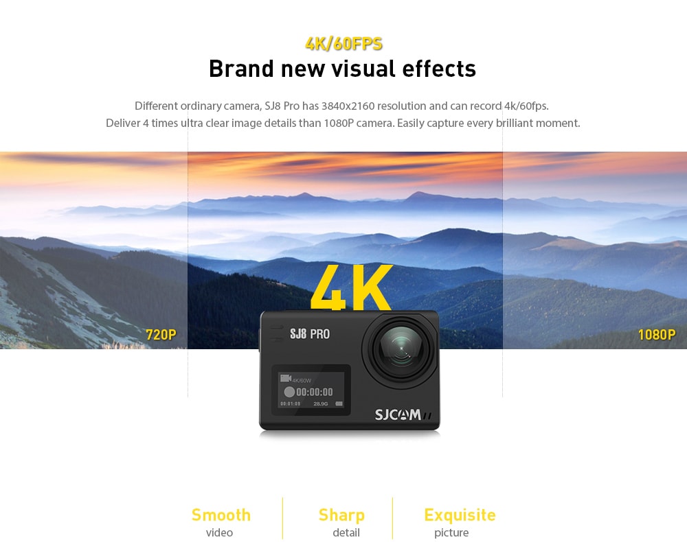 Original SJCAM SJ8 Pro 4K 60fps Dual Touch Screen WiFi Action Camera- Black