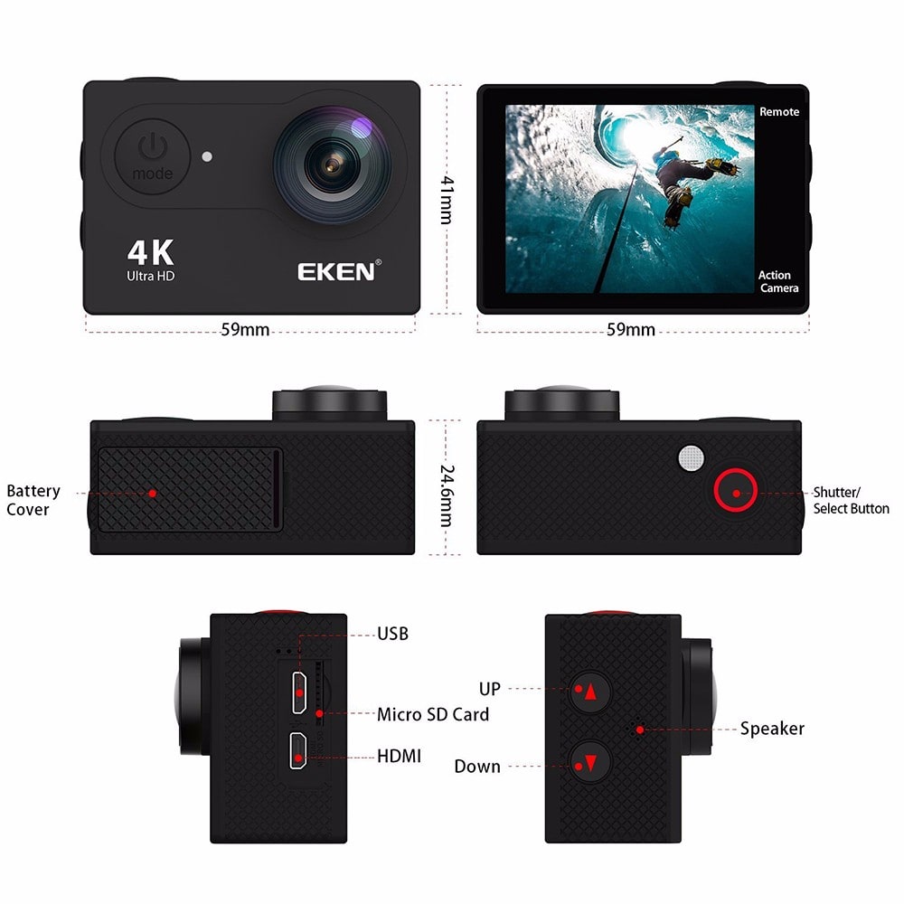 Original EKEN H9R 2 inch 4K Super HD WiFi Action Camera Waterproof Sports DV- Black EU Plug