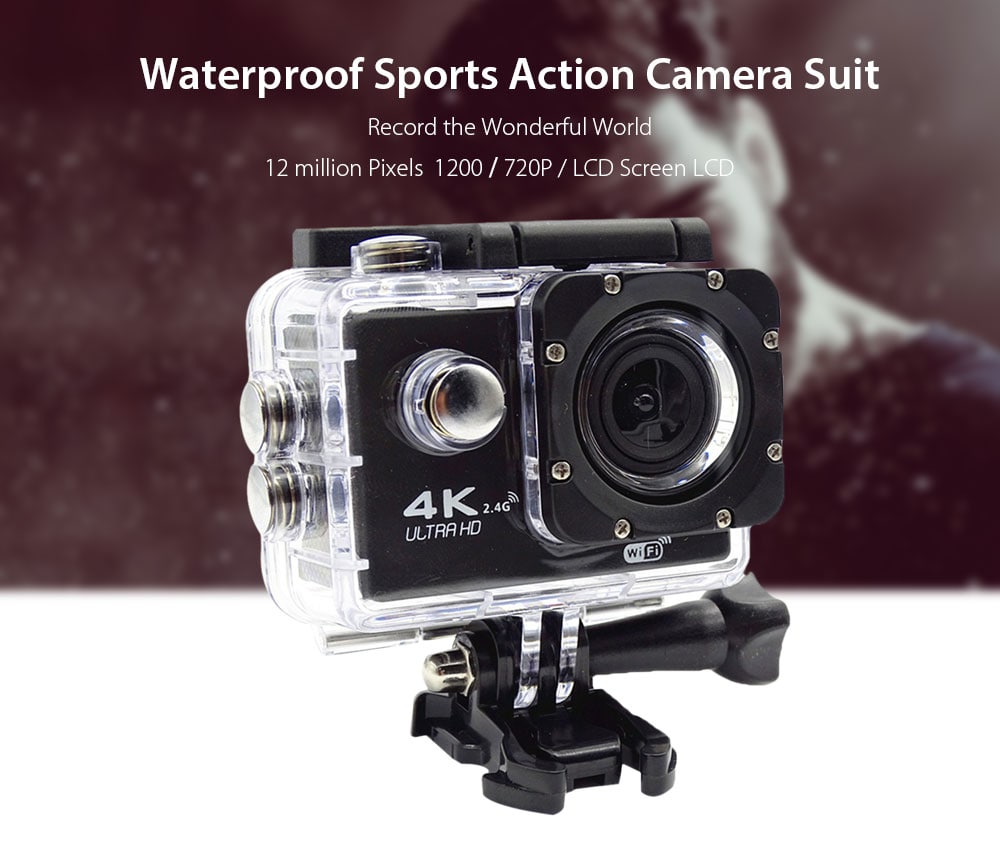 Wi-Fi 12MP 720P 4K Waterproof Sports Camera Suit- Black