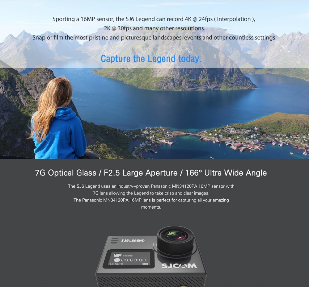 Original SJCAM SJ6 LEGEND 4K WiFi Action Camera Dual Screen Novatek  NTK96660 Chipset 166 Degree FOV- Black