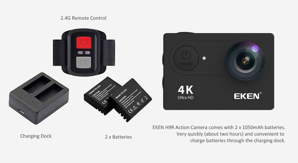 Original EKEN H9s 2 inch 4K Ultra HD WiFi Action Camera Waterproof Sports DV- Black