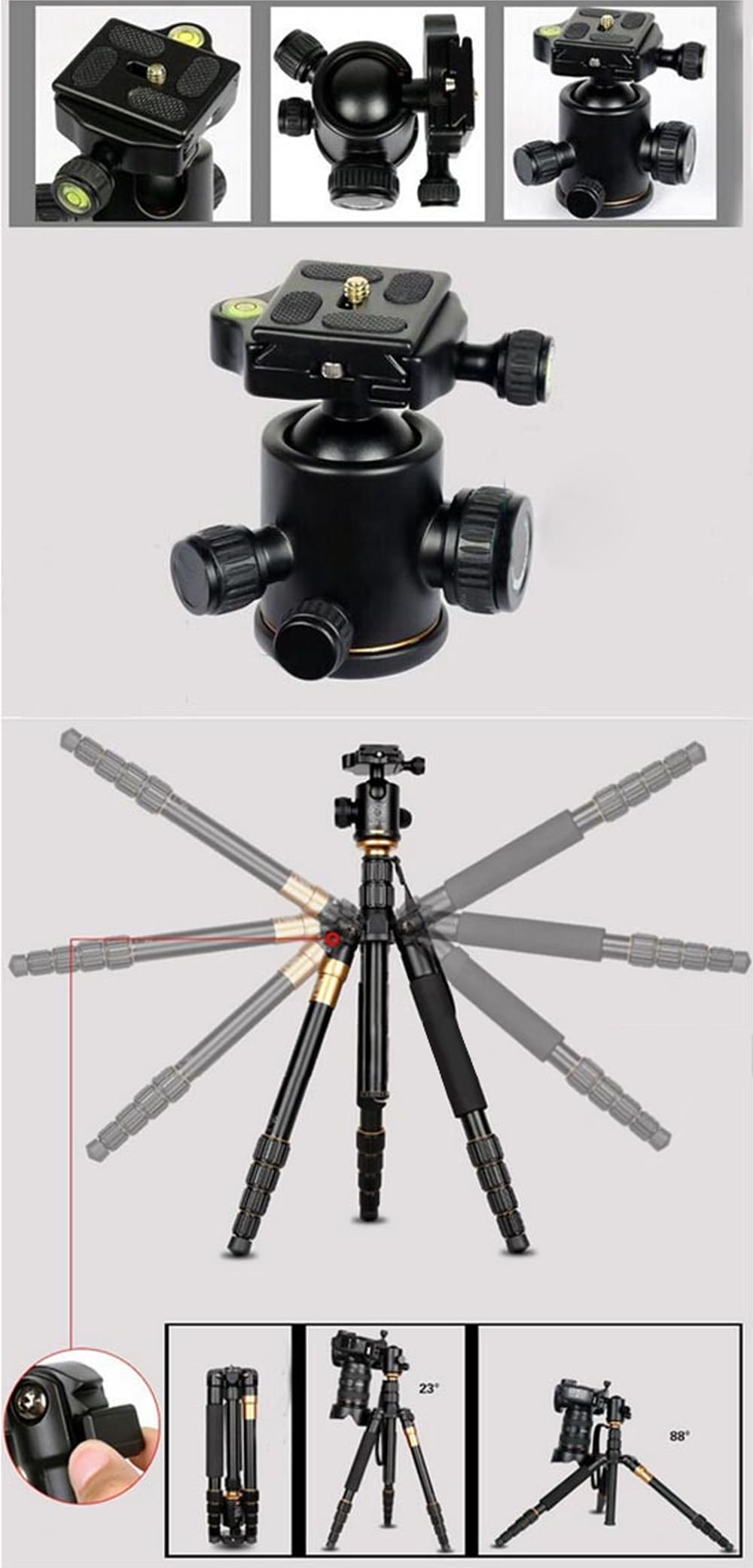 QZSD Q666 Camera Tripod 360 Degree Rotating Swivel Fluid Ball Head 1.5kg Load-Bearing Universal Accessory for DSLR DV Camcorder- Black