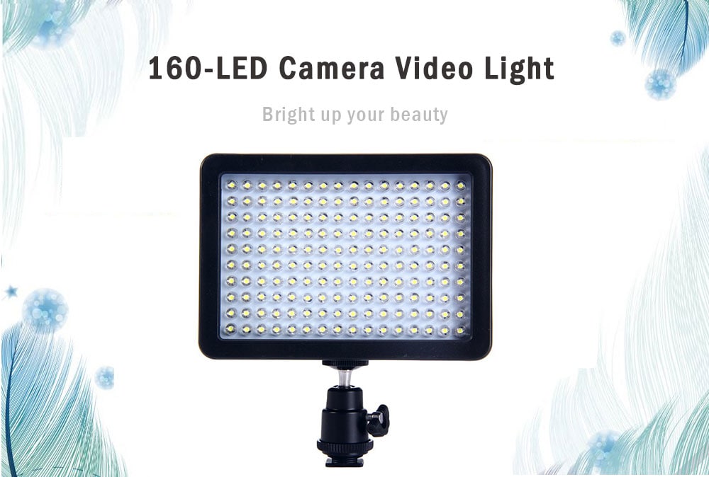 W160 LED Video Light Lamp 10.5W 1150LM 5600K / 3200K Dimmable for Canon Nikon Pentax DSLR Camera- Black