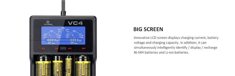 Xtar VC4 4-slot Smart LCD NiMH / Li-ion Battery Charger- Black
