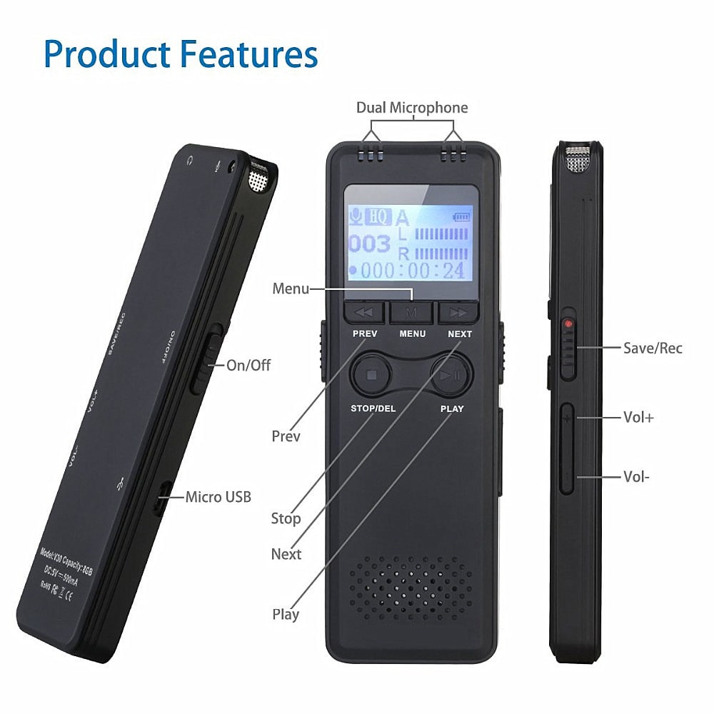 Portable Voice Activation Recording Hd Hifi Recorder MP3 Noise Reduction- Black 1+8GB