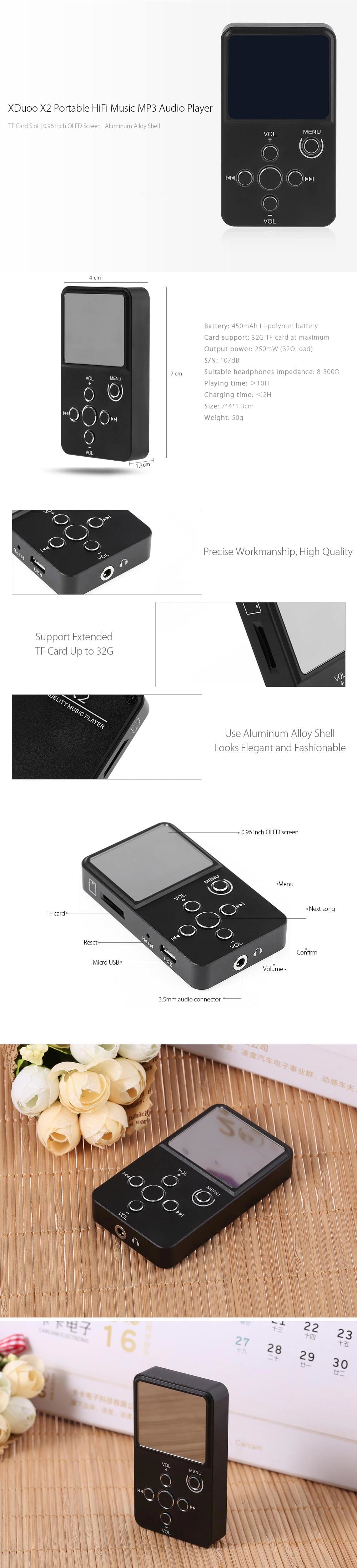 XDuoo X2 HiFi Digital Audio Player MP3 with OLED Screen TF Card Slot Aluminum Alloy Housing- Black