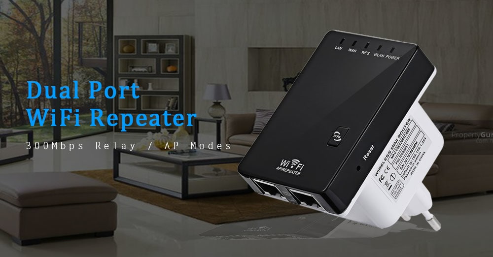 Dual Port WiFi Extender 300Mbps Relay / AP Mode- Black EU Plug