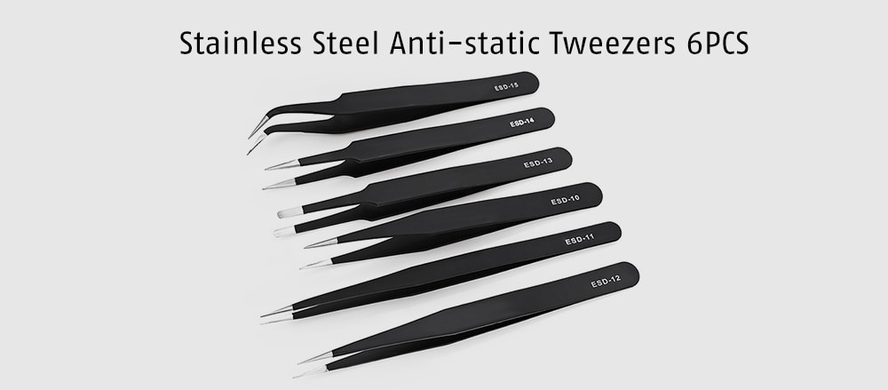 Stainless Steel Anti-static Tweezers 6pcs - Black