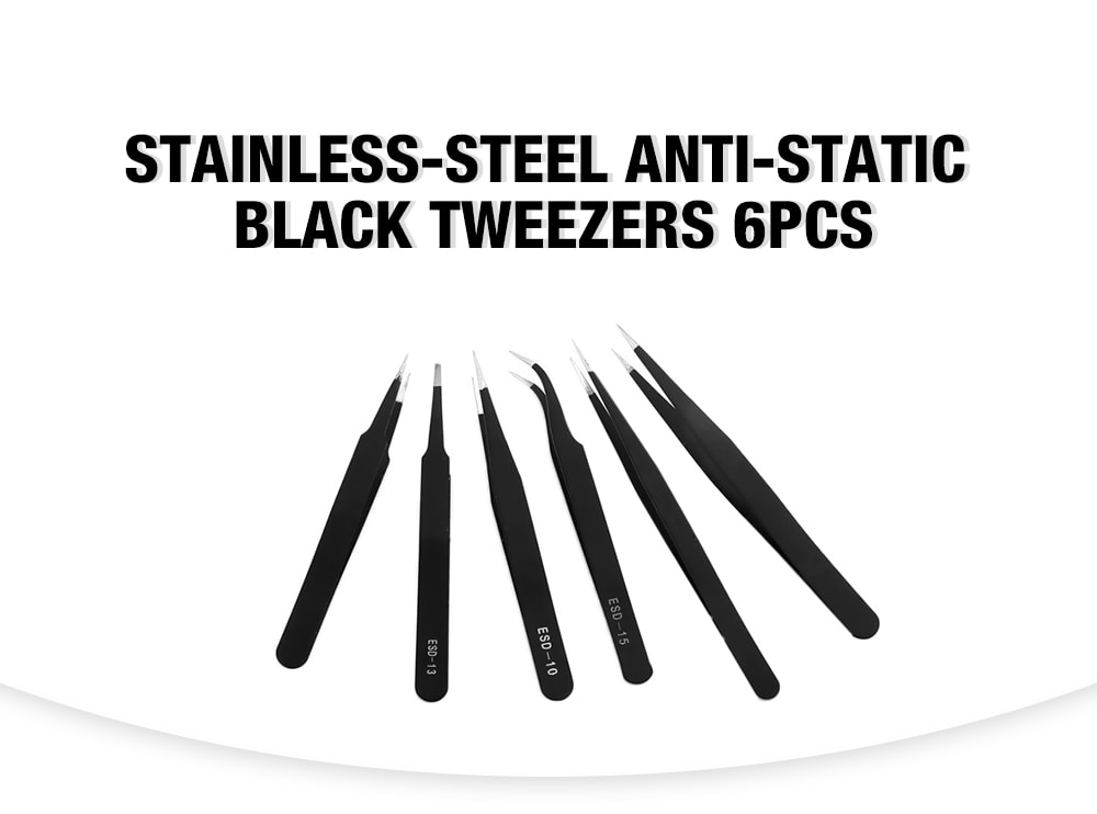 Stainless Steel Anti-static Black Tweezers 6PCS- Black