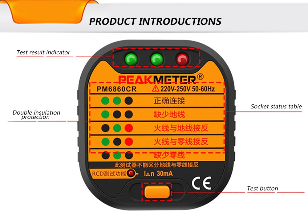 PEAKMETER PM6860 Electric Socket Tester Leakage Detector with RCD Function- Orange Chinese Plug (3-pin)