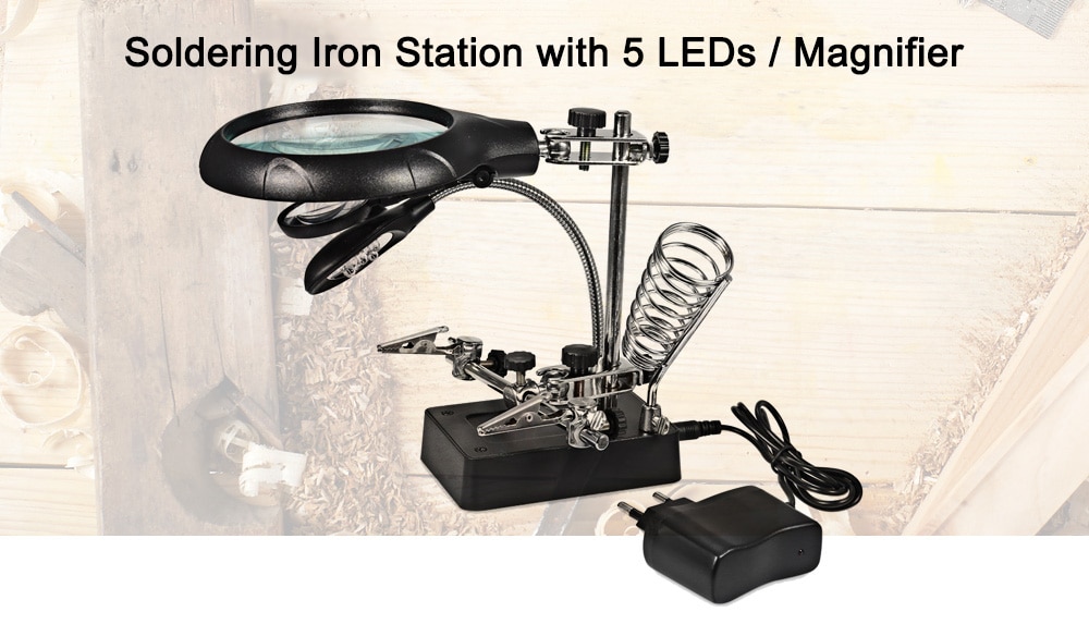 Soldering Iron Station with 5 LEDs / Magnifier- Black EU Plug