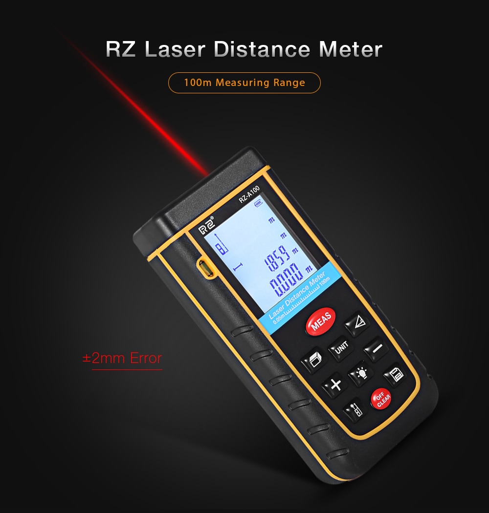 RZ A100 Portable Laser Distance Meter 0.05 to 100m with Bubble Level High Accuracy Measurement- Yellow and Black