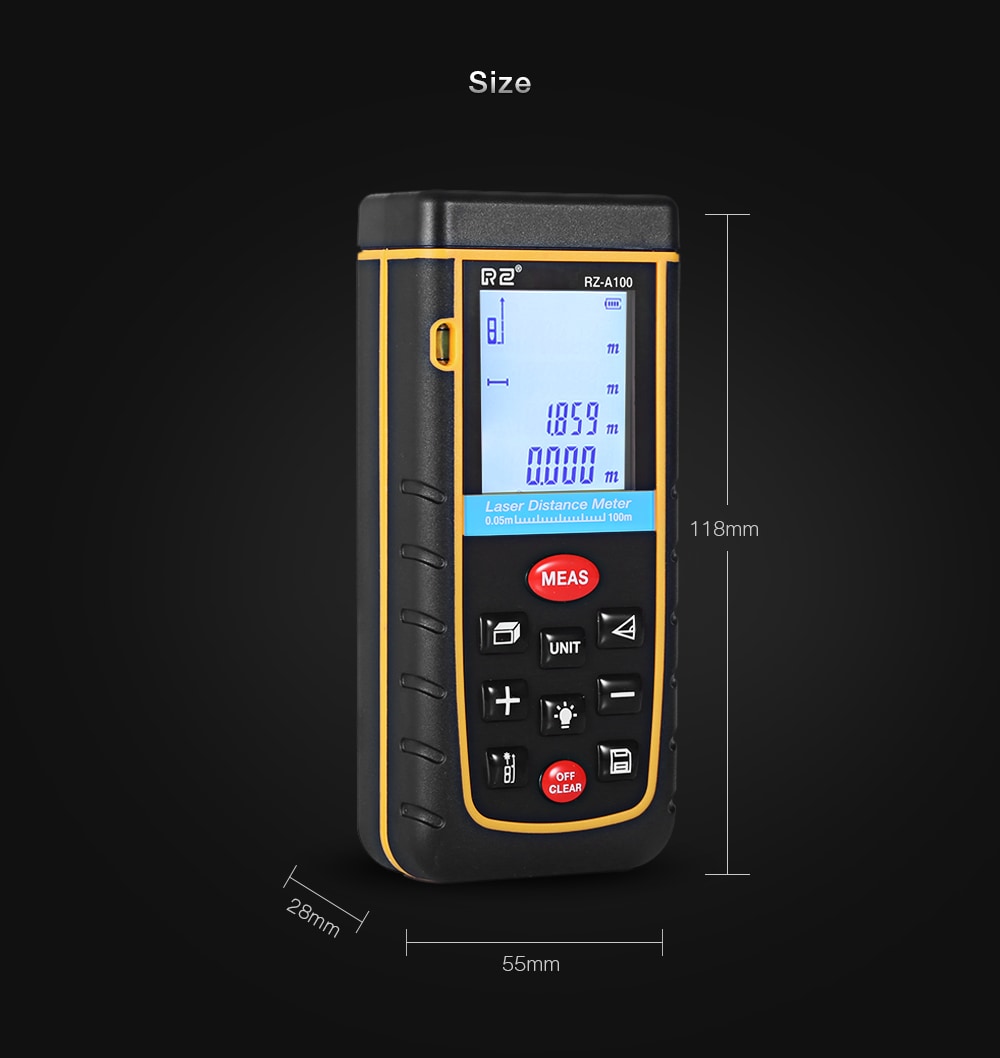 RZ A100 Portable Laser Distance Meter 0.05 to 100m with Bubble Level High Accuracy Measurement- Yellow and Black