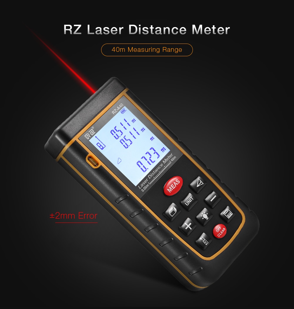 RZ A40 Portable Laser Distance Meter 0.05 to 40m with Bubble Level High Accuracy Measurement- Yellow and Black