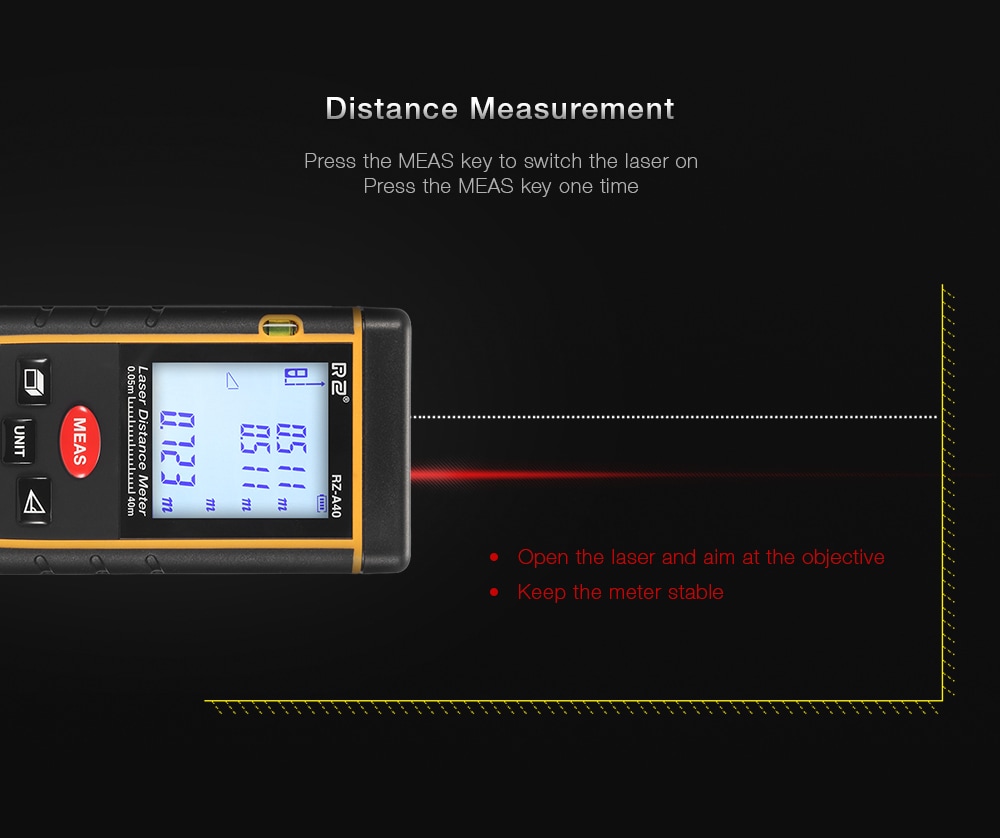 RZ A40 Portable Laser Distance Meter 0.05 to 40m with Bubble Level High Accuracy Measurement- Yellow and Black