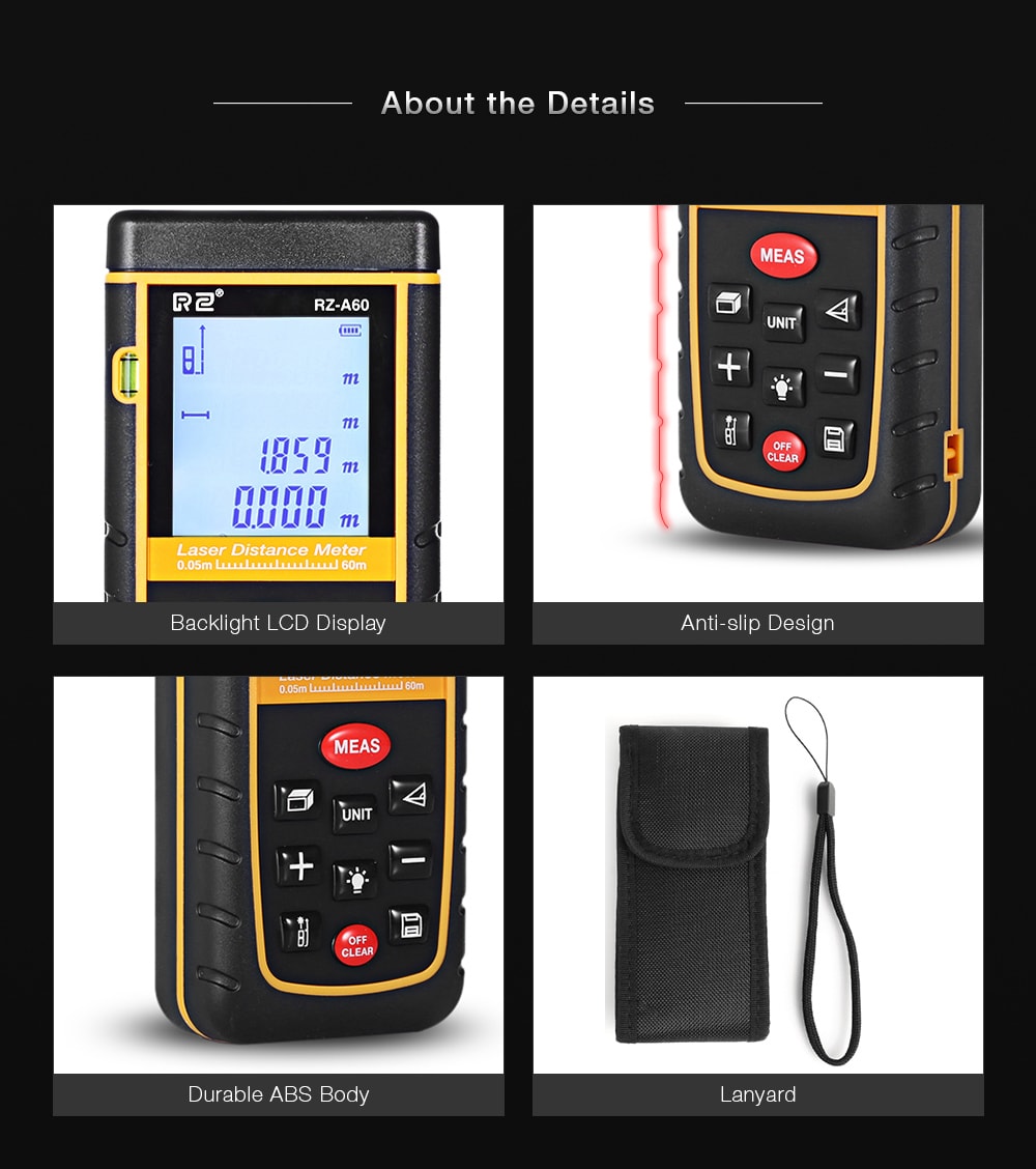 RZ A60 Portable Laser Distance Meter 0.05 to 60m with Bubble Level High Accuracy Measurement- Yellow and Black