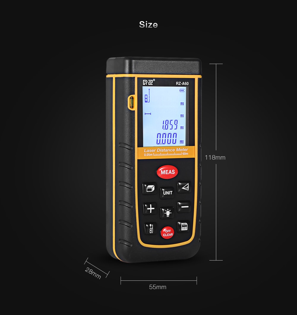 RZ A60 Portable Laser Distance Meter 0.05 to 60m with Bubble Level High Accuracy Measurement- Yellow and Black