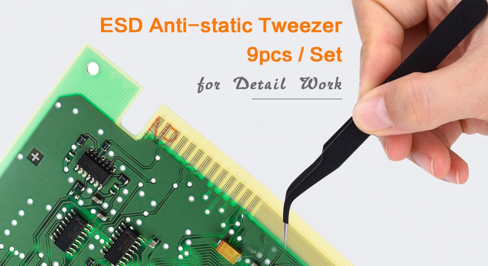 Stainless Steel ESD Anti-static Tweezer for Detail Work 9PCS- Black