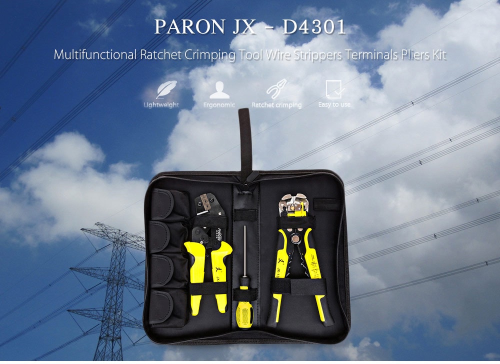 PARON JX - D4301 Multifunctional Ratchet Crimping Tool Wire Strippers Terminals Pliers Kit- Yellow and Black