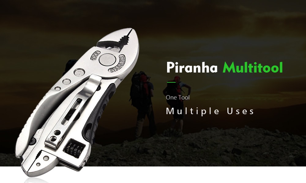 Portable Piranha Shape Multitool Adjustable Wrench Jaw Screwdriver Pliers Knife Set- Silver