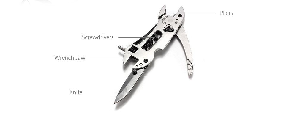 Portable Piranha Shape Multitool Adjustable Wrench Jaw Screwdriver Pliers Knife Set- Silver