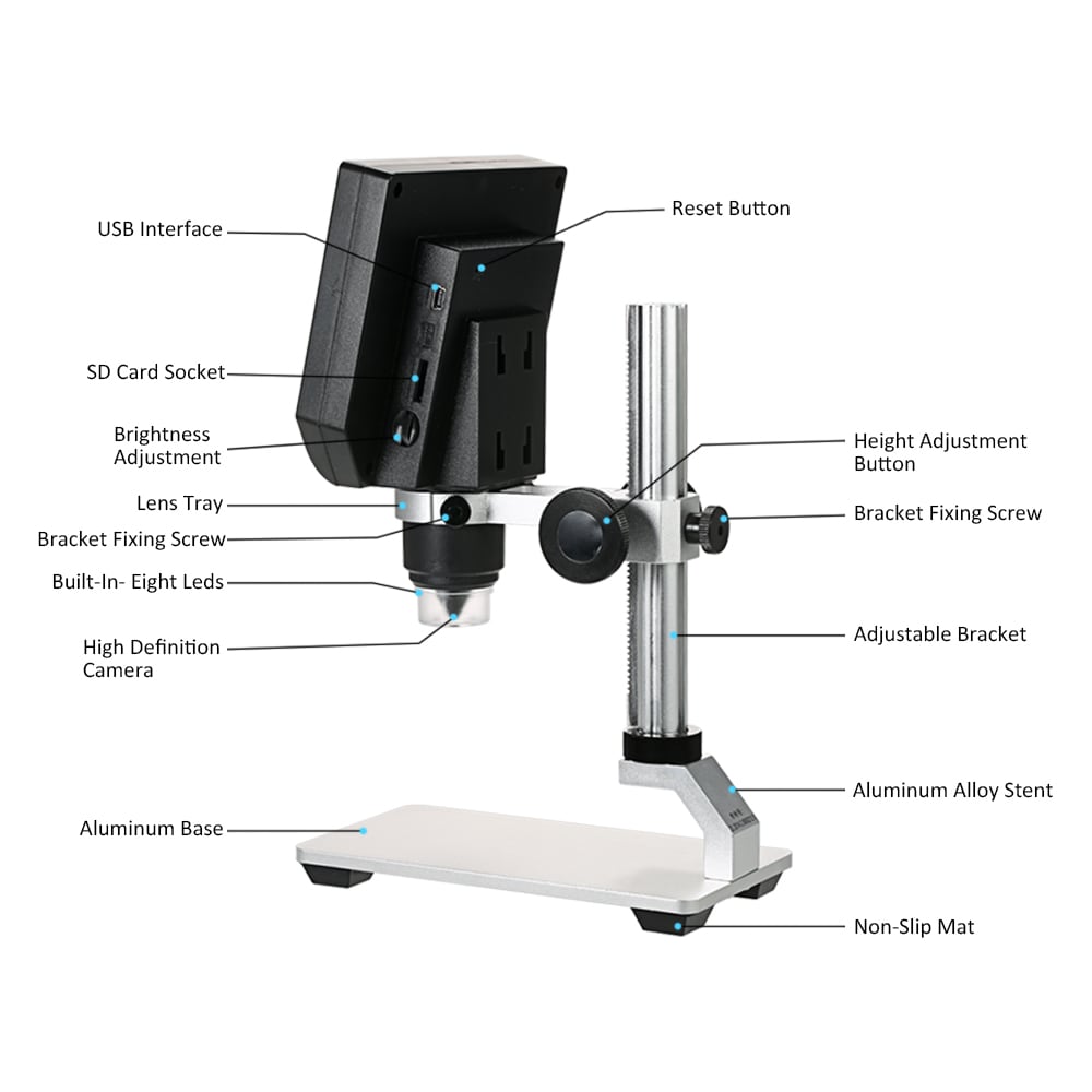 Portable LED Digital Microscope 4.3IN LCD 3.6MP OLED G600 1-600X Magnification- Silver AU Plug