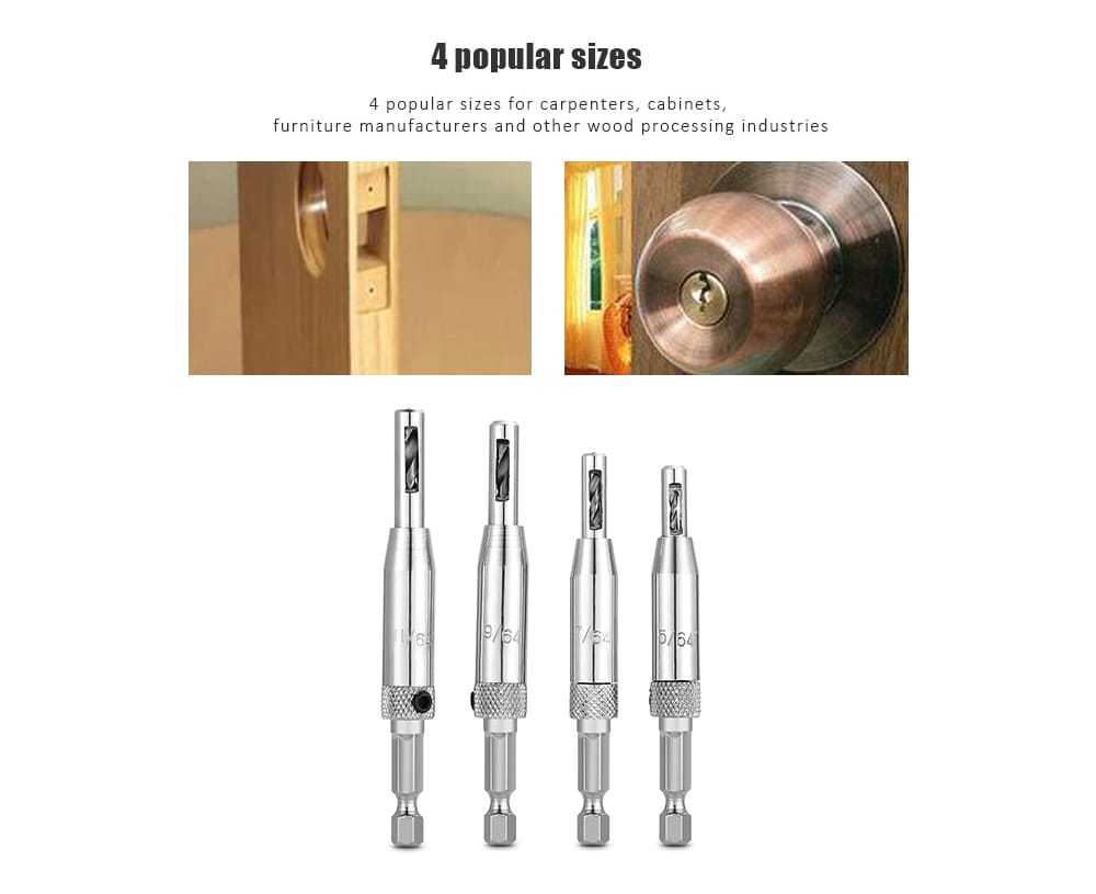  5 / 64 7 / 64 9 / 64 11 / 64 inch Self Centering Hinge Tapper Core Drill Bit Hole Puncher Woodworking Tool 4pcs- Silver
