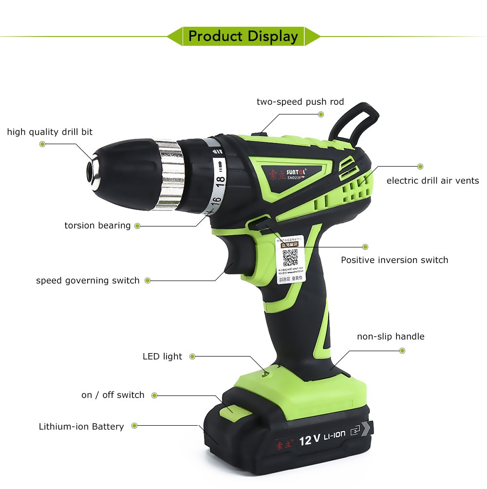SUNTOL 12V Multi-function Lithium-ion Battery Electric Drill Screwdriver Power Tool- Black and Green