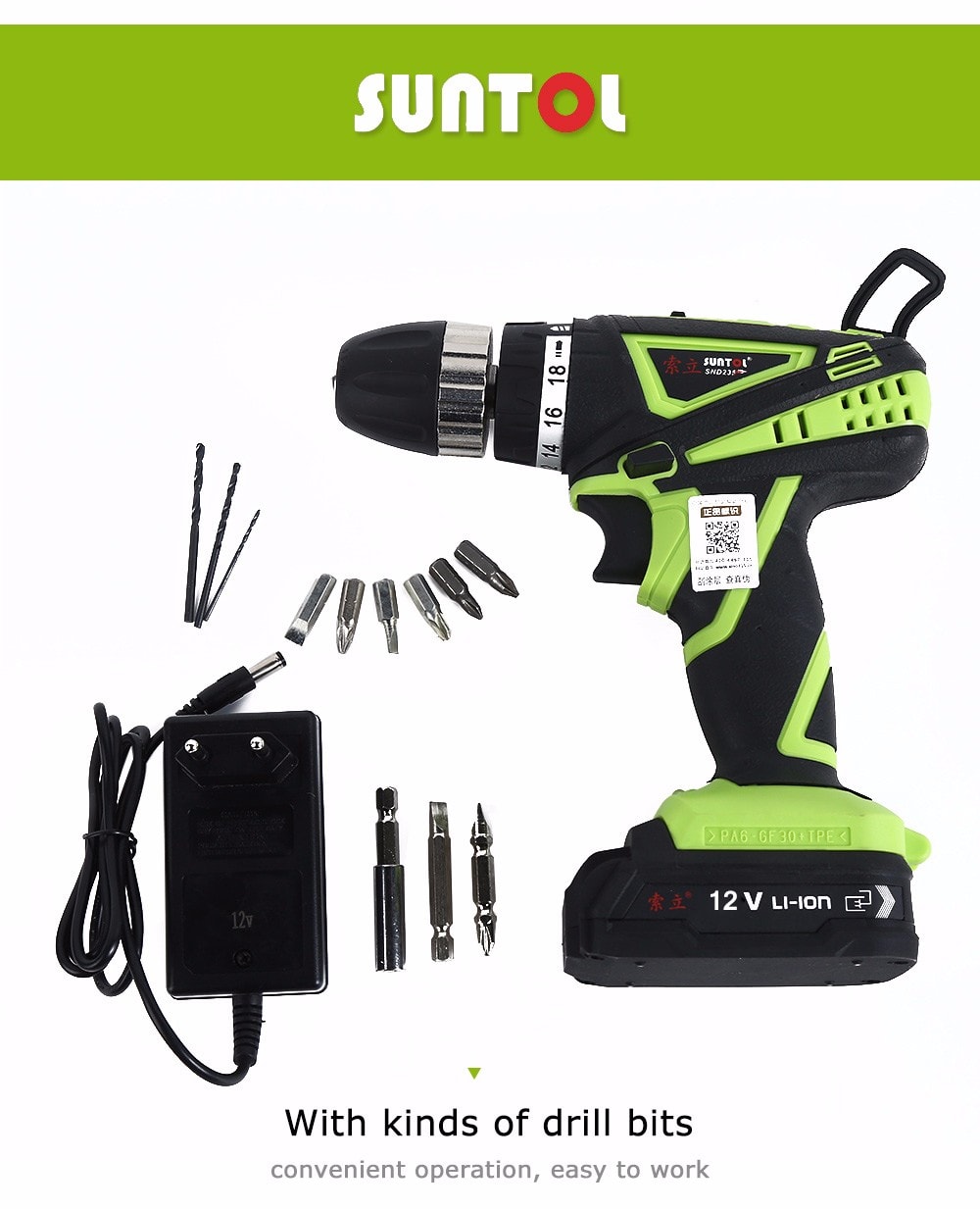 SUNTOL 12V Multi-function Lithium-ion Battery Electric Drill Screwdriver Power Tool- Black and Green