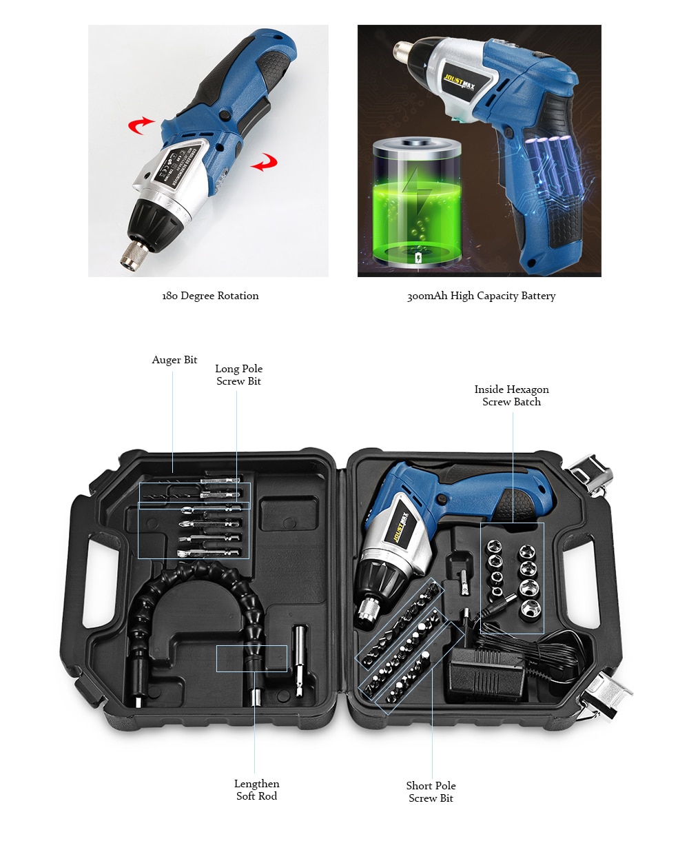 Multifunctional 4.0V Li-ion 180 Degree Rotation Rechargeable Electric Screwdriver Set- Blue