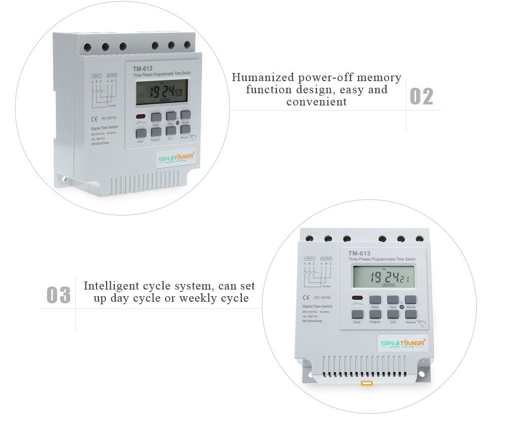 TM613   380V LCD Digital Multipurpose Three Phases Programmable Control Power Timer Switch- White