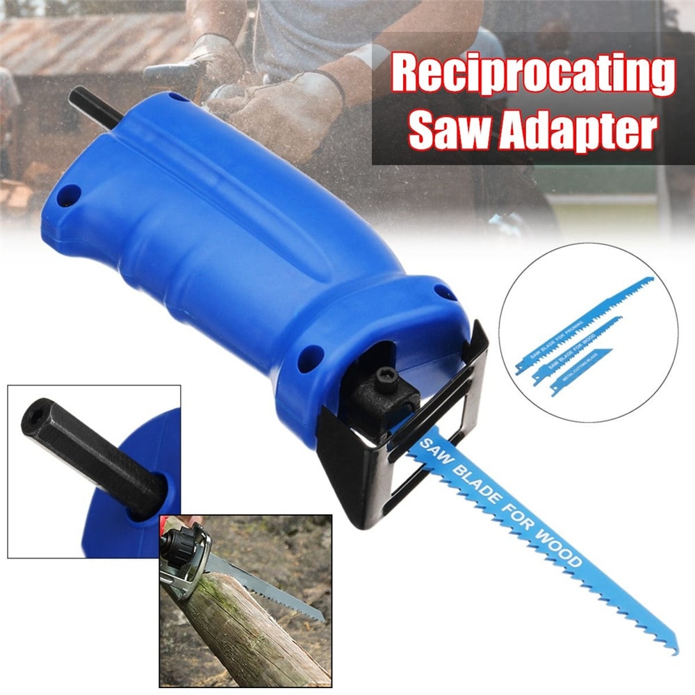 Reciprocating Saw Electric Drill Attachment Cutting Wood Metal and 3 Blades- Blue