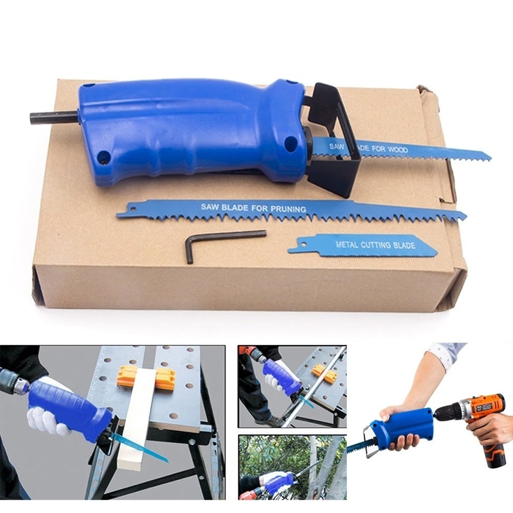 Reciprocating Saw Electric Drill Attachment Cutting Wood Metal and 3 Blades- Blue