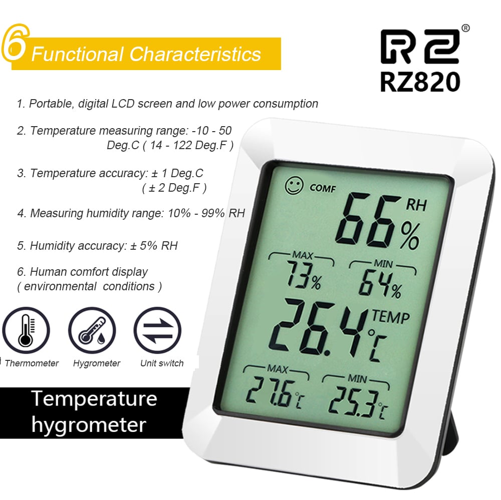 RZ820 Large LCD Digital Thermo-hygrometer Weather Thermometer Hygrometer Monitor Temperature and Humidity Meter for Home Office- White