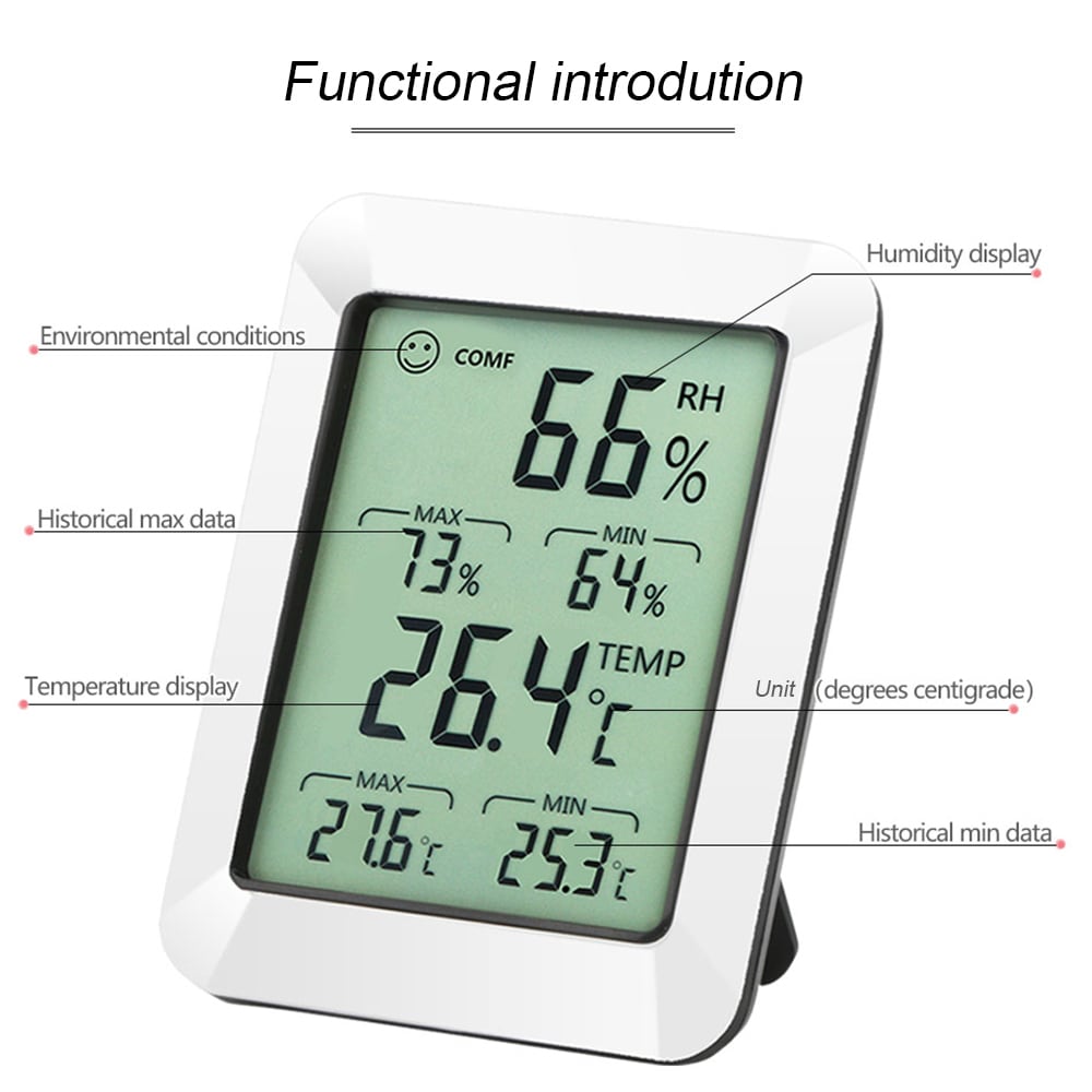 RZ820 Large LCD Digital Thermo-hygrometer Weather Thermometer Hygrometer Monitor Temperature and Humidity Meter for Home Office- White