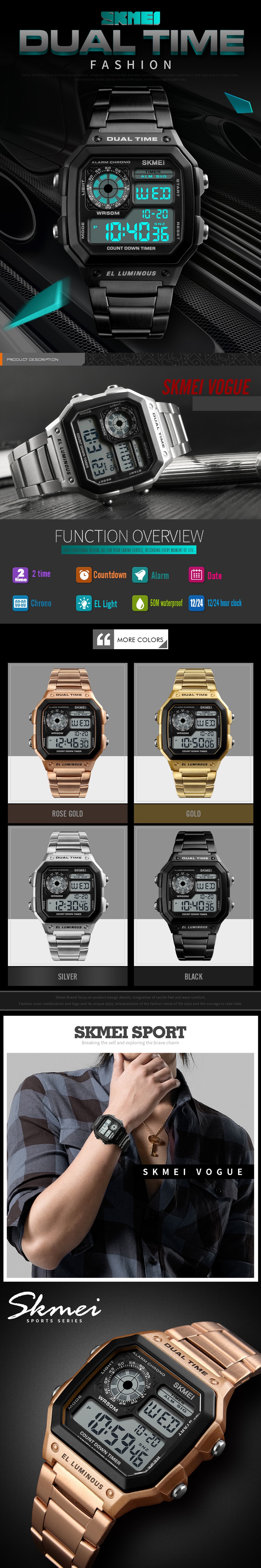 SKMEI Men Sports  Waterproof Watch Stainless Steel Fashion Digital Wristwatches- Gold
