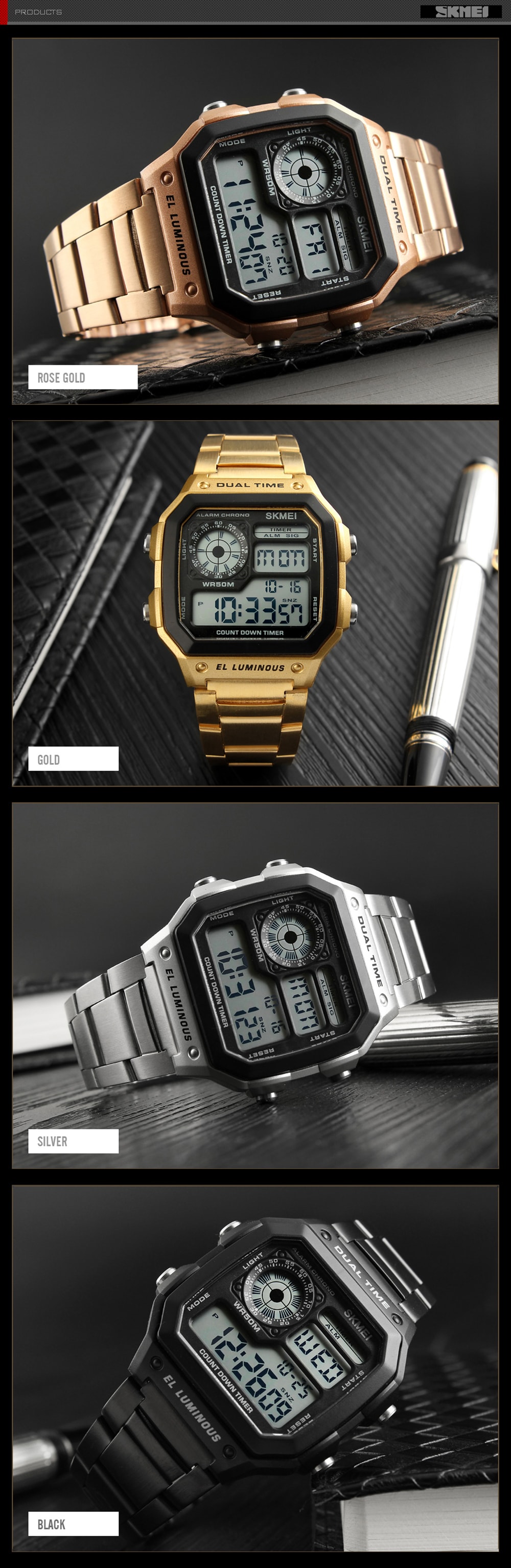 SKMEI Men Sports  Waterproof Watch Stainless Steel Fashion Digital Wristwatches- Gold