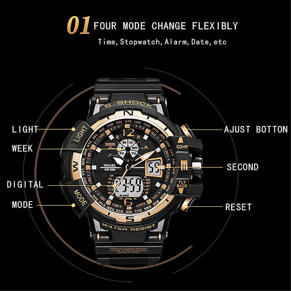 SMAEL Luxury Brand Men Digital Sport Watches Dual Display Clock- Multi-E