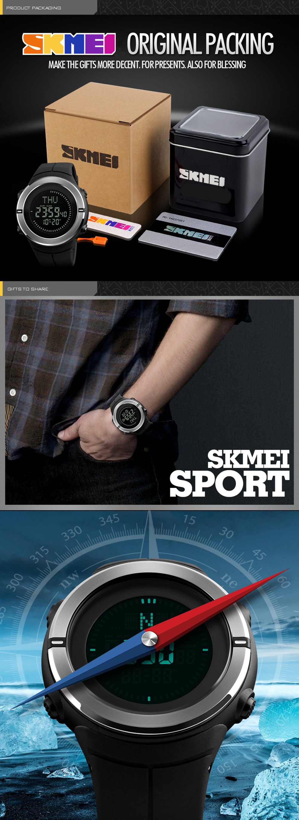 SKMEI Fashion Sports Men Compass Outdoor Countdown Alarm Digital Watches- Multi-A