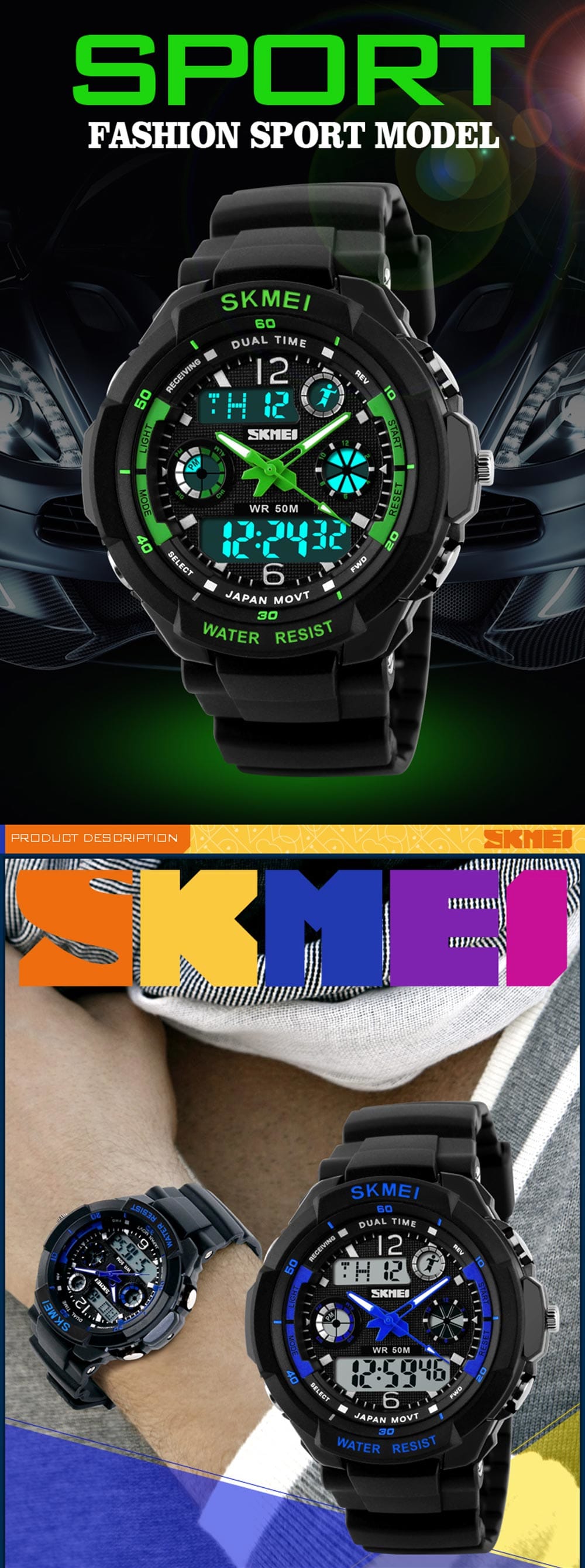 Skmei 0931 Green LED Military Watch with 2 Time Zone Chronograph Double Movts and Round Dial- Green L