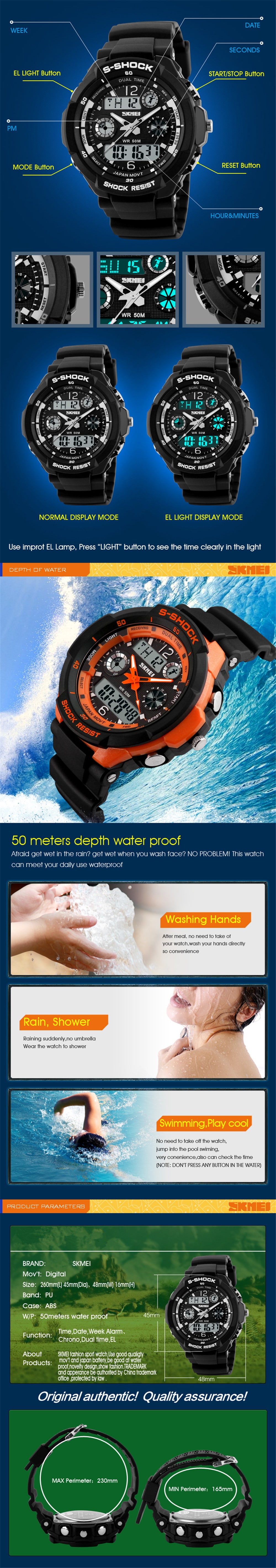 SKMEI Men Fashion  Dual Display Sport Watch Waterproof Electronic LED Clock- Red