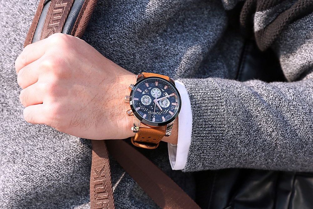 OCHSTIN GQ052B Men Leather Quartz Sport Multifunction Wrist Watch- Khaki